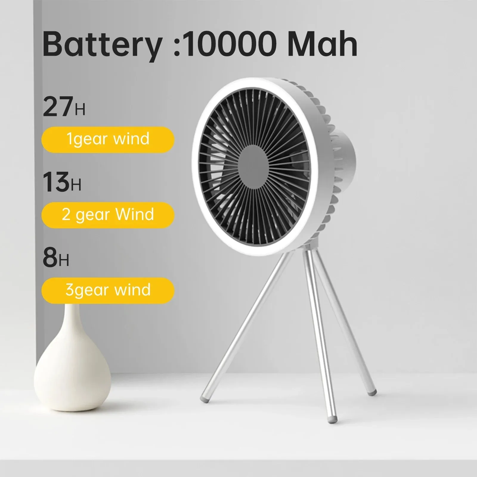 10000mAh Rechargeable Portable Camping Fan with LED Lighting