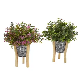 13” Eucalyptus and Sedum Artificial Plant in Tin Planter with Legs (Set of 2)