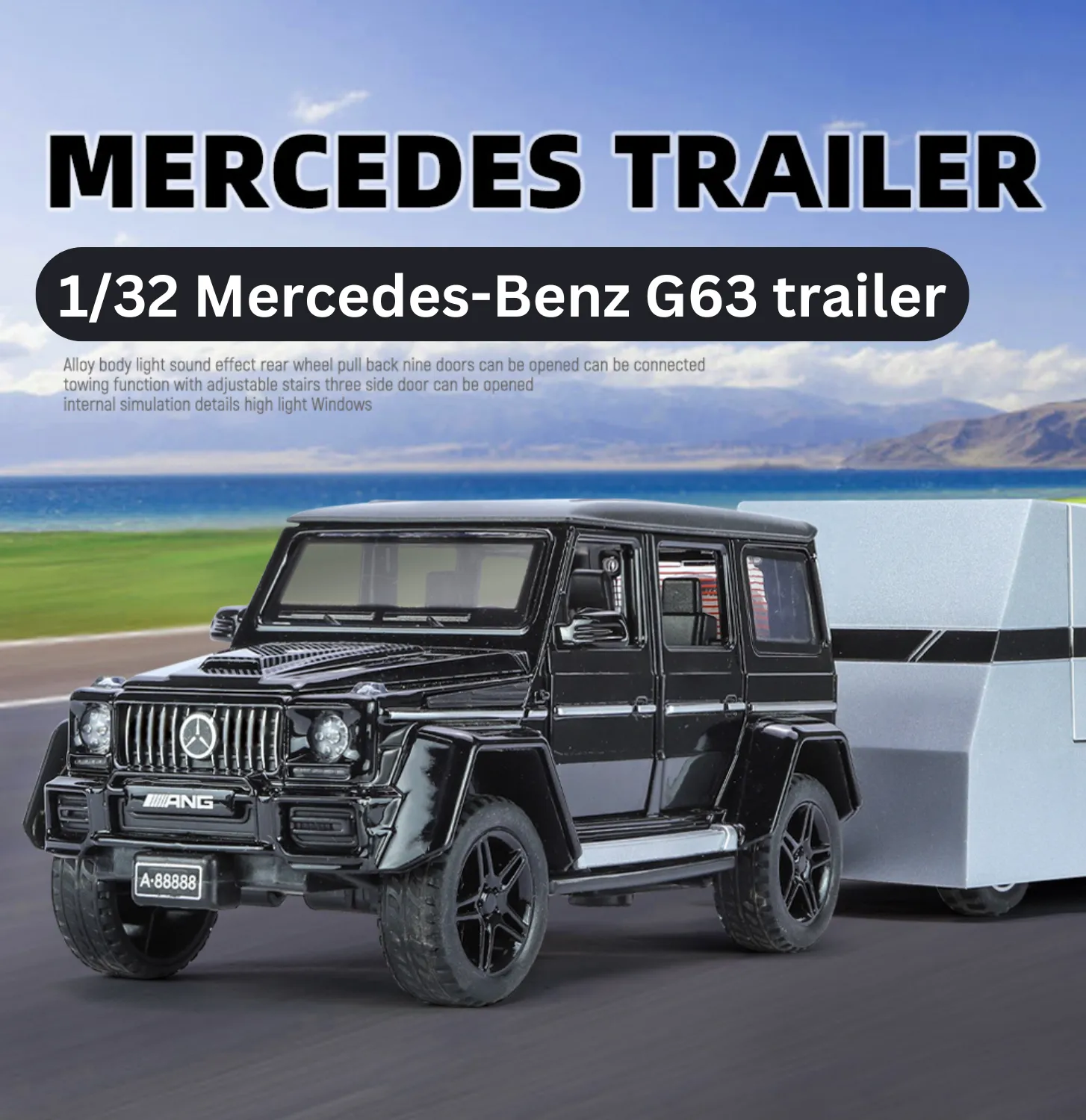 1:32 SCALE DIE-CAST MERCEDES-BENZ G63 PICK-UP TRAILER WITH 6 OPENABLE DOORS PULL BACK ACTION,LIGHTS & MUSIC【 COLOR AS PER STOCK 】