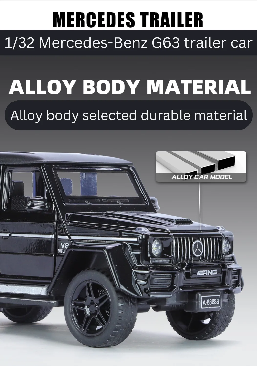 1:32 SCALE DIE-CAST MERCEDES-BENZ G63 PICK-UP TRAILER WITH 6 OPENABLE DOORS PULL BACK ACTION,LIGHTS & MUSIC【 COLOR AS PER STOCK 】