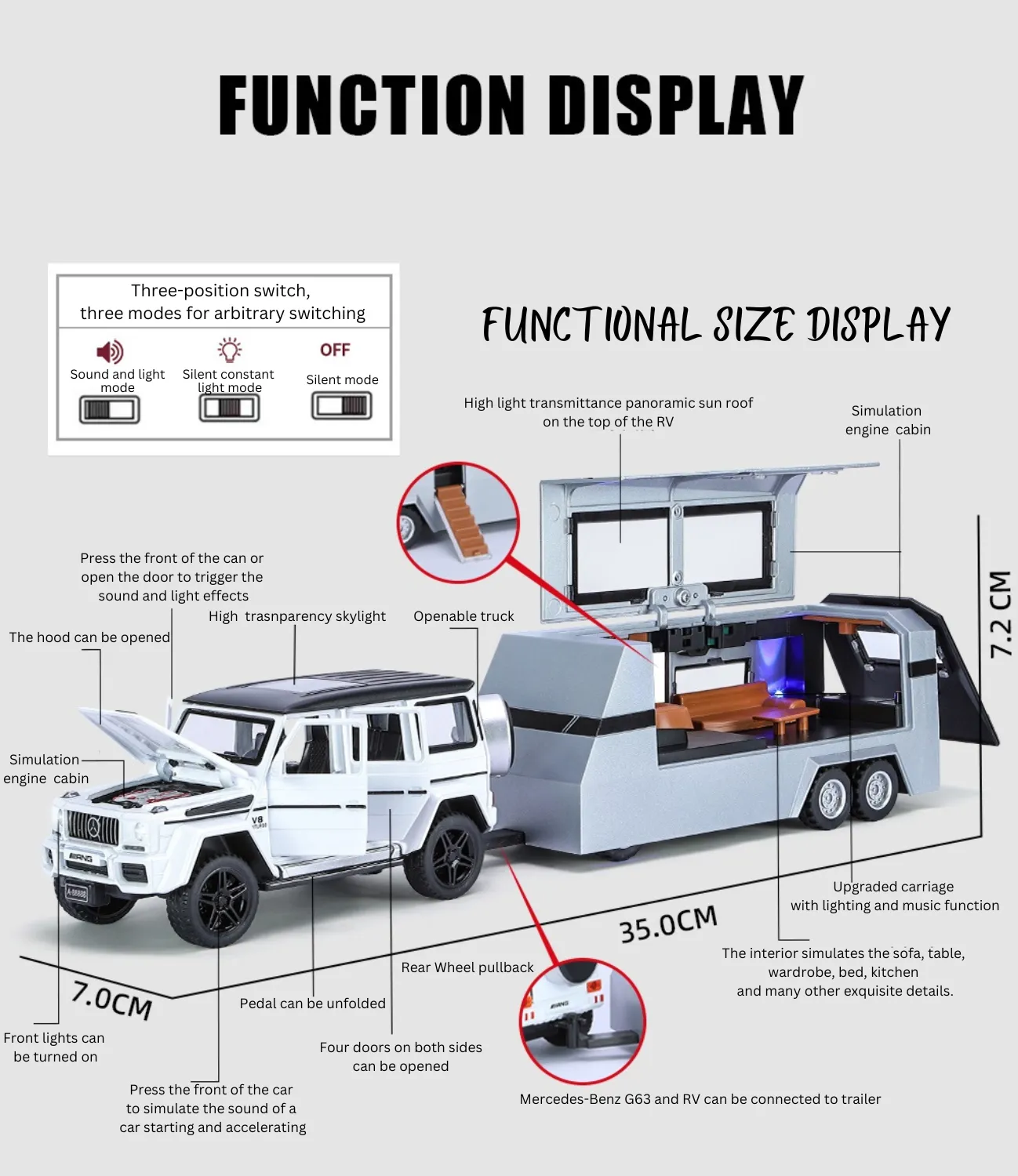 1:32 SCALE DIE-CAST MERCEDES-BENZ G63 PICK-UP TRAILER WITH 6 OPENABLE DOORS PULL BACK ACTION,LIGHTS & MUSIC【 COLOR AS PER STOCK 】