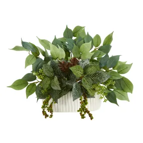 14” Mixed Greens Artificial Plant in White Planter