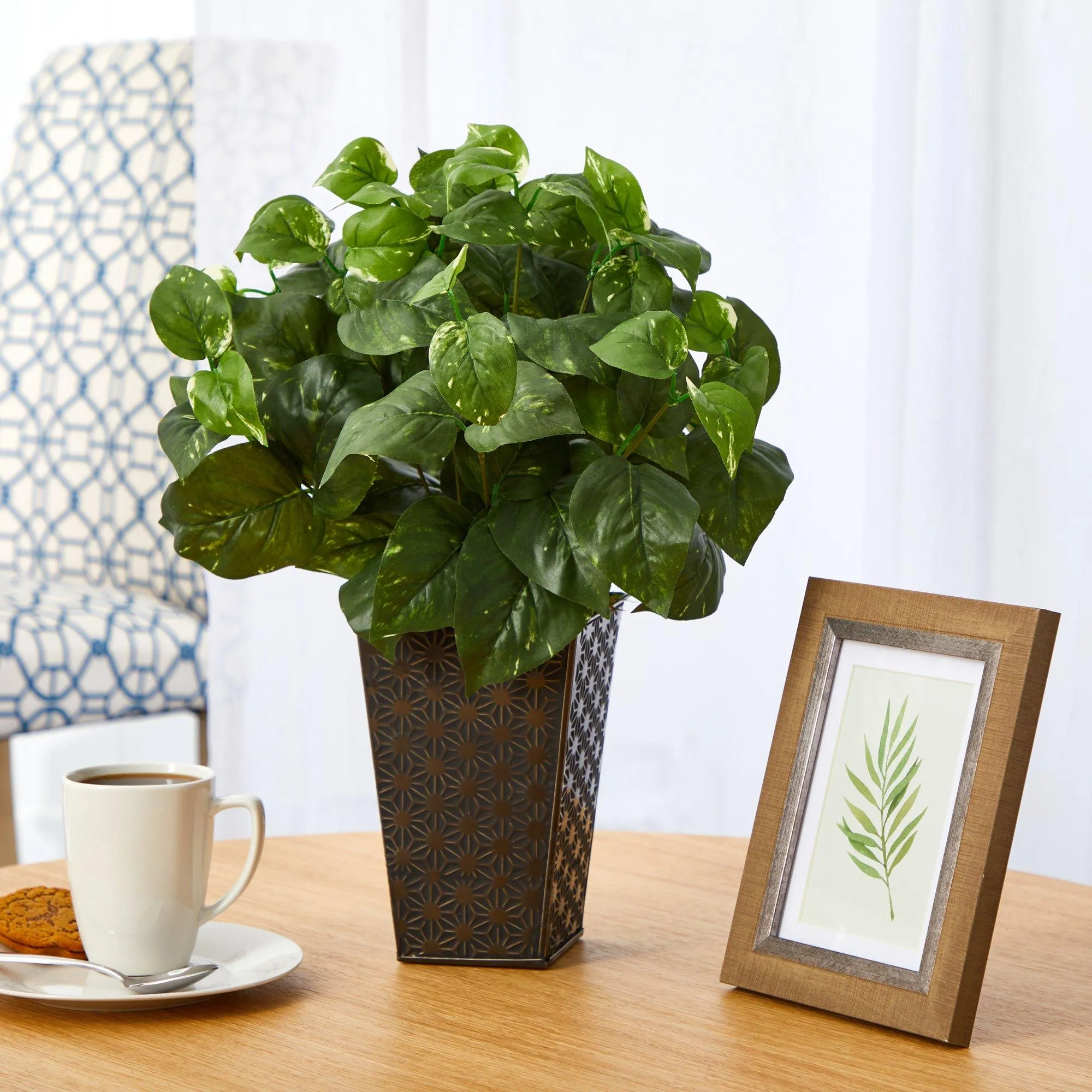 17” Pothos Artificial Plant in Embossed Black Planter