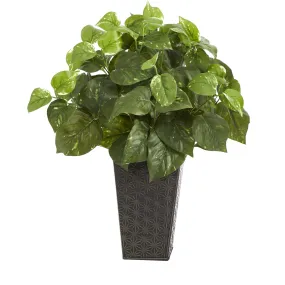 17” Pothos Artificial Plant in Embossed Black Planter