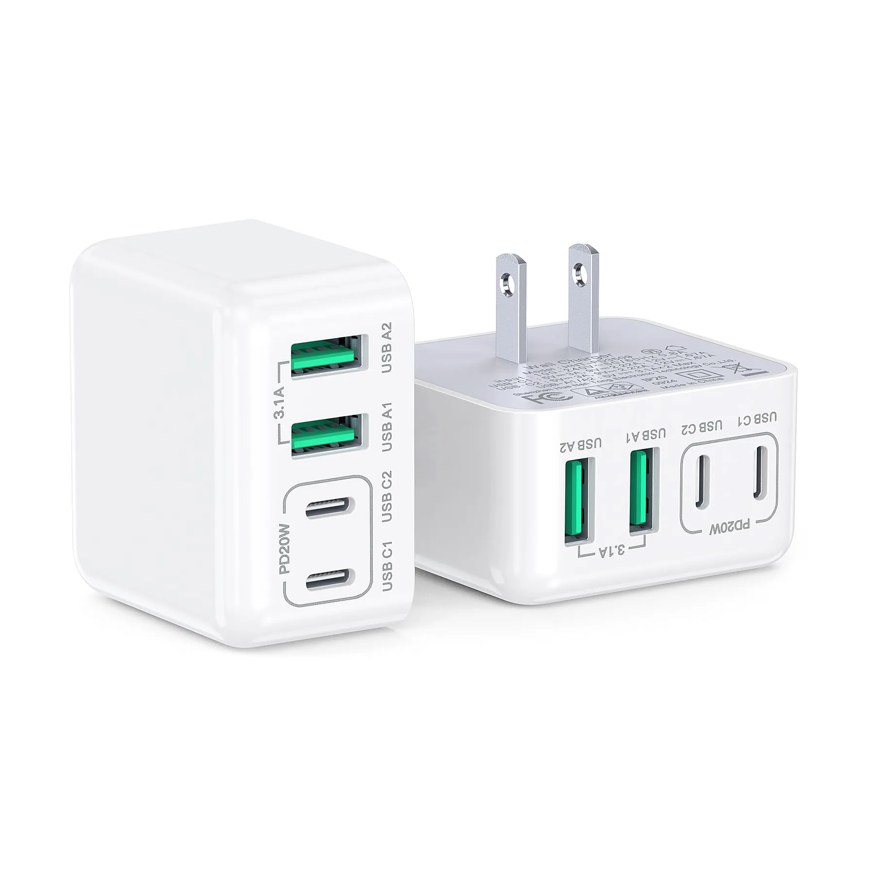 2-Pack USB C Wall Charger,40W USB-C Charger Cube,4-Port Type C Fast Charging Brick Dual PD&QC Wall Plug for iPhone16 15 14 13 12 11 Pro Max XR XS,iPad,AirPods,Iwatch,Huawei, Oneplus,Galaxy