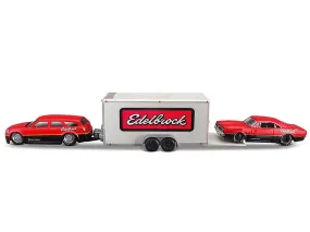 2006 Dodge Magnum R/T Red and Black and 1969 Dodge Charger R/T Red and Black with Enclosed Car Trailer "Edelbrock" "Team Haulers" Series 1/64 Diecast Model Car by Maisto