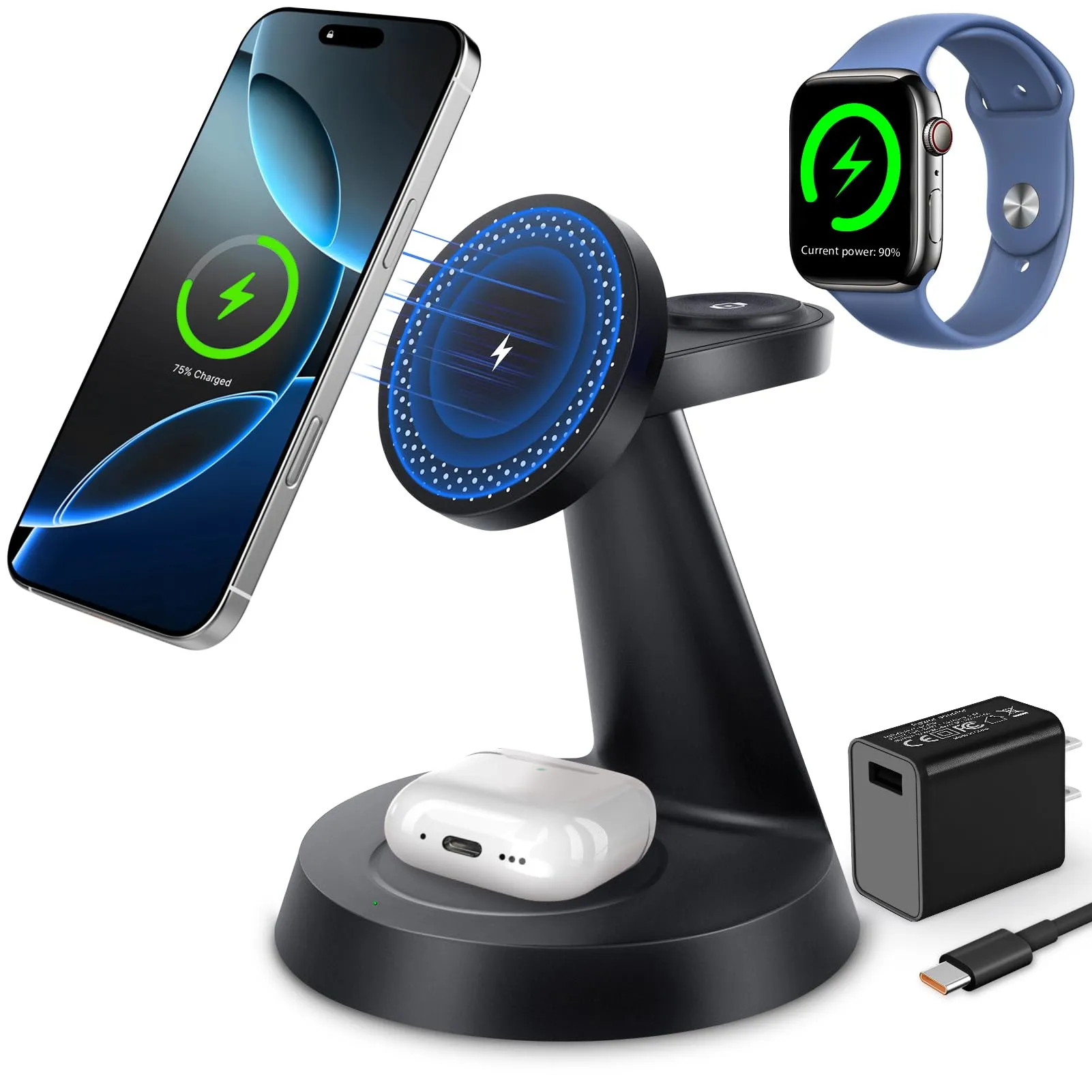 3 in 1 Wireless Charging Station for Apple, Charger Stand for Multiple Apple Devices, Wireless Charging Station for iPhone 16/15/14/13/12 Series, Wireless Charger for AirPods, iWatch Series