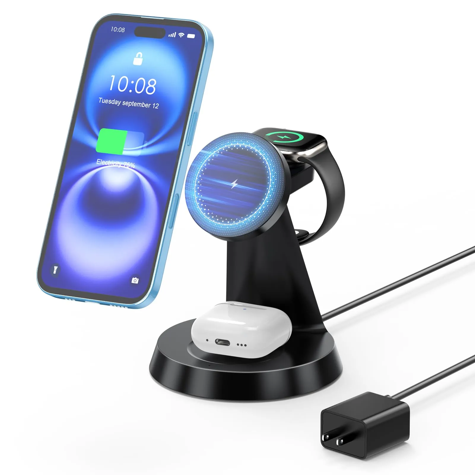 3 in 1 Wireless Charging Station for Apple, Charger Stand for Multiple Apple Devices, Wireless Charging Station for iPhone 16/15/14/13/12 Series, Wireless Charger for AirPods, iWatch Series