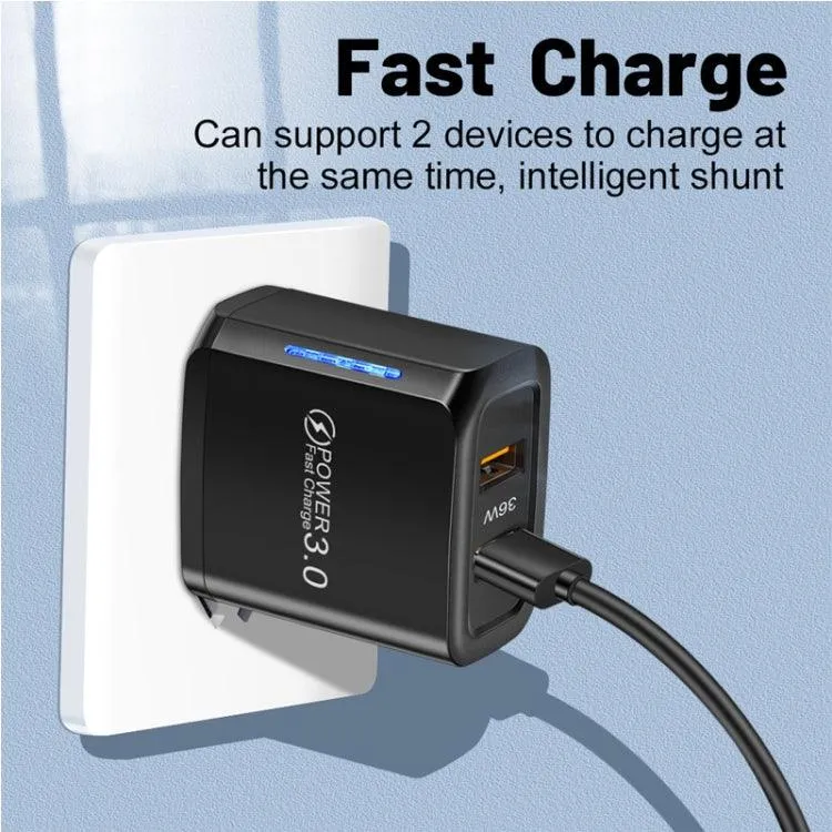 36W Dual QC3.0 USB Charger with 1M Type-C Data Cable, EU Plug