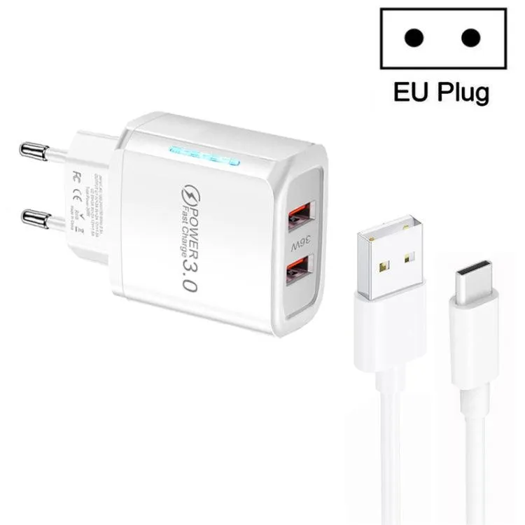 36W Dual QC3.0 USB Charger with 1M Type-C Data Cable, EU Plug