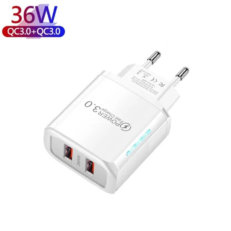 36W Dual QC3.0 USB Charger with 1M Type-C Data Cable, EU Plug