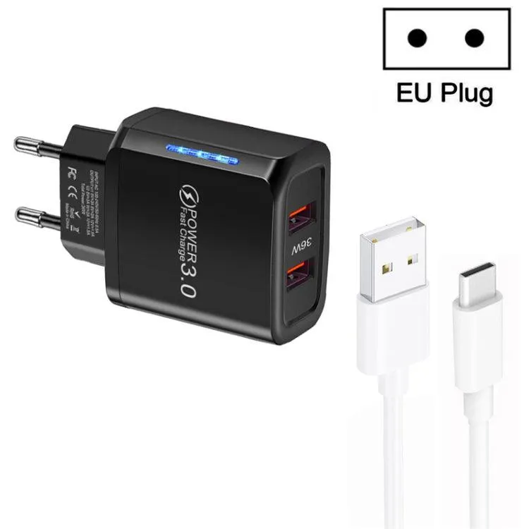 36W Dual QC3.0 USB Charger with 1M Type-C Data Cable, EU Plug