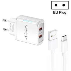 36W Dual QC3.0 USB Charger with 1M Type-C Data Cable, EU Plug