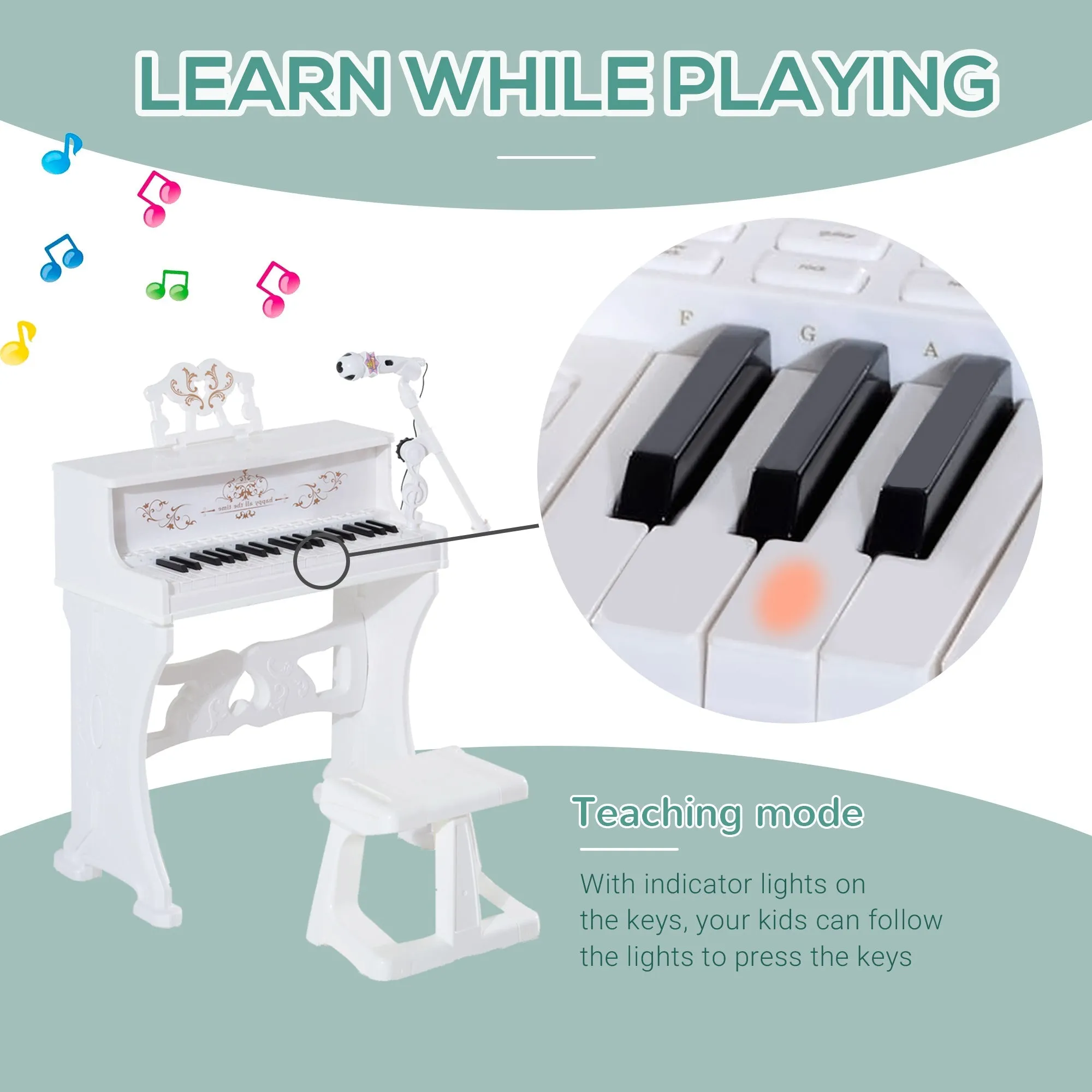 37 Keys Kids Piano Mini Electronic Keyboard Light Kids Musical Instrument Educational Game Children Grand Piano Toy Set w/Stool & Microphone & Music Stand White