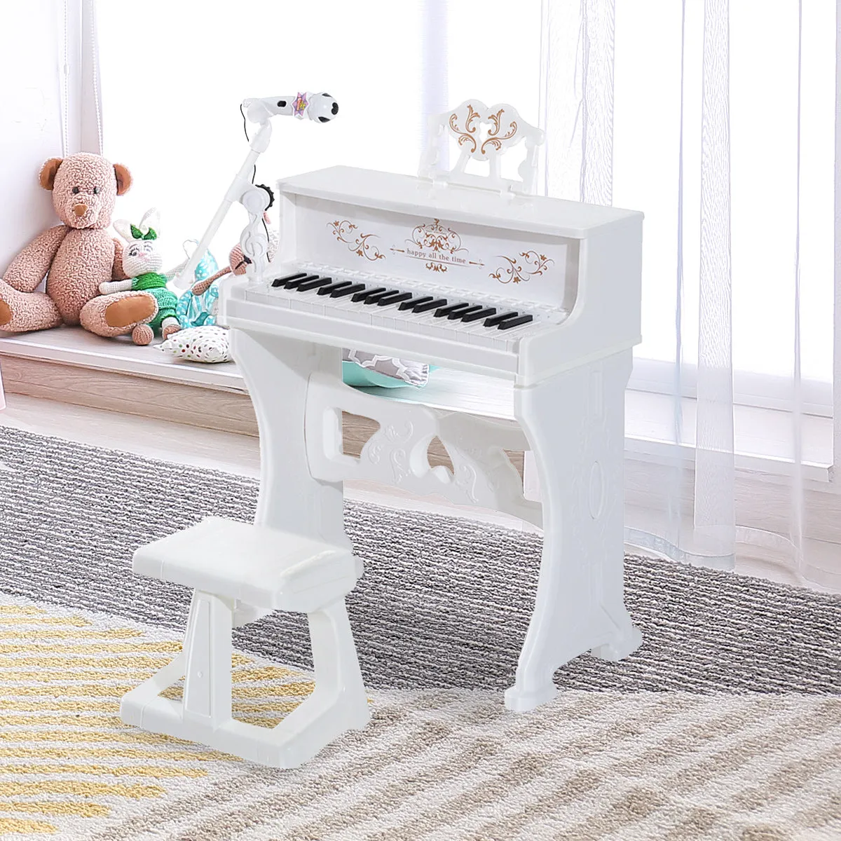 37 Keys Kids Piano Mini Electronic Keyboard Light Kids Musical Instrument Educational Game Children Grand Piano Toy Set w/Stool & Microphone & Music Stand White