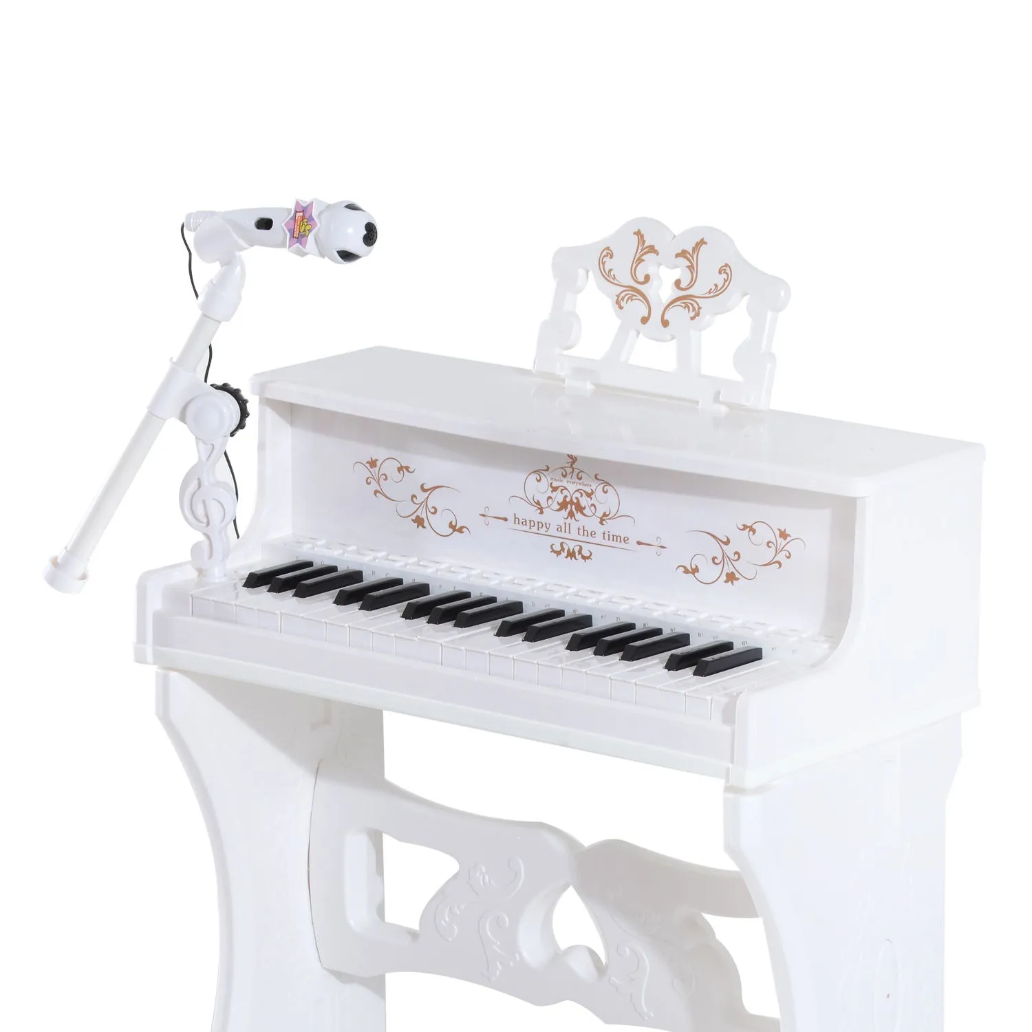 37 Keys Kids Piano Mini Electronic Keyboard Light Kids Musical Instrument Educational Game Children Grand Piano Toy Set w/Stool & Microphone & Music Stand White