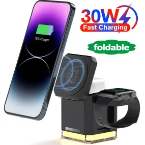 4 in 1 wireless charger|30W 4 in 1 Charging Station Cube Adjustable MagSafe Portable Charger Stand Wireless Charging Station for iPhone Airpods Watch