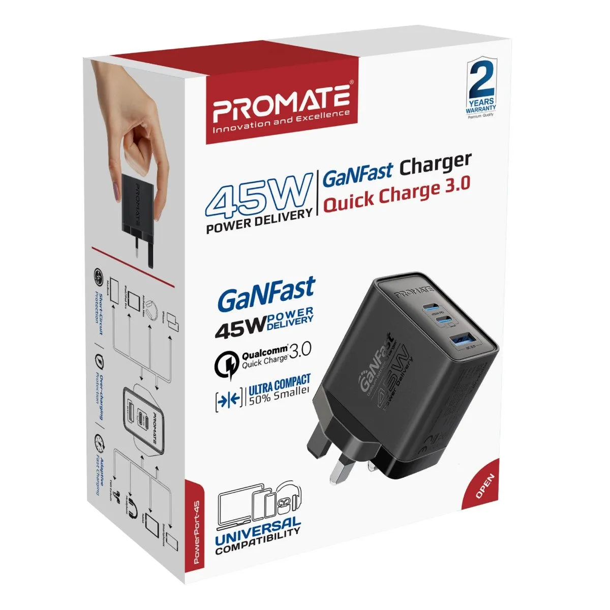 45W Power Delivery GaNFast™ Charger with Quick Charge 3.0