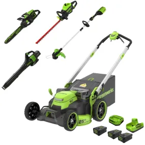 60V 25" Dual Blade Self-Propelled Mower 5-pc Combo Kit w/ (3) 4.0Ah Batteries, (1) Single Port Chargers & (1) Dual Port Charger