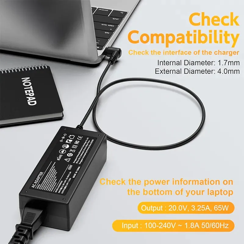 65W Charger for Lenovo Laptops with Yellow square USB Tip