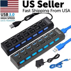 7 Port USB 2.0 / 3.0 Hub Splitter Adapter High Speed for PC Laptop Mac Desktop