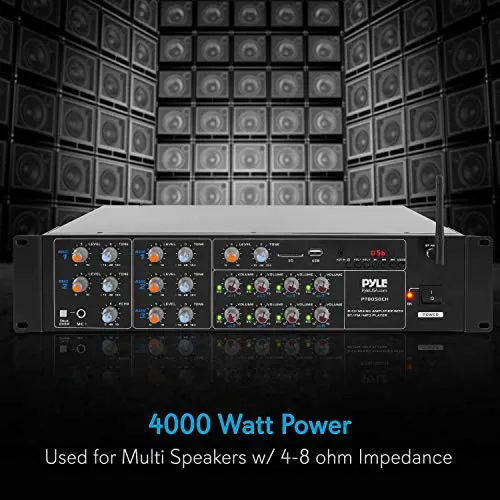 8-Channel Wireless Bluetooth Power Amplifier - 4000W Rack Mount Multi Zone Sound Mixer Audio Home Stereo Receiver Box System w/ RCA, USB, AUX - For Speaker, PA, Theater, Studio/Stage - Pyle PT8050CH