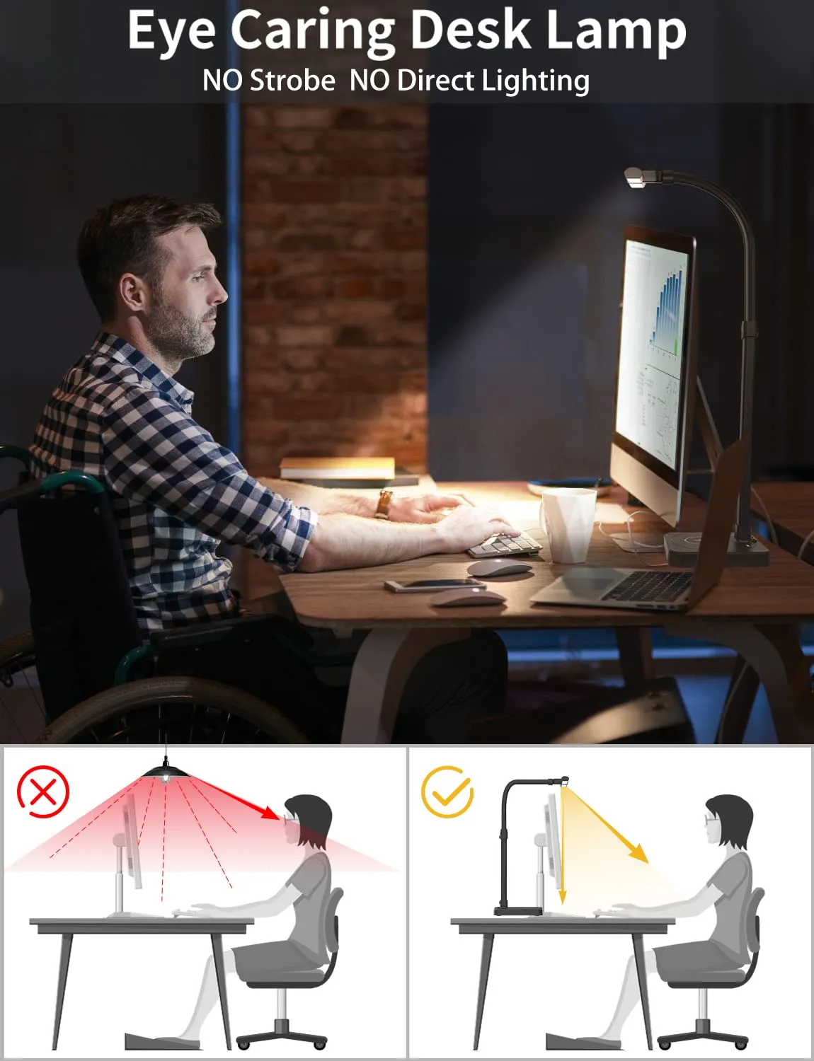 AKRRYR LED Desk Lamp for Home Office, Double Head 24W with USB Charging Port & Wireless Charger, Architect Light 5 Lighting Brightness Flexible Gooseneck Table Reading Study, Black