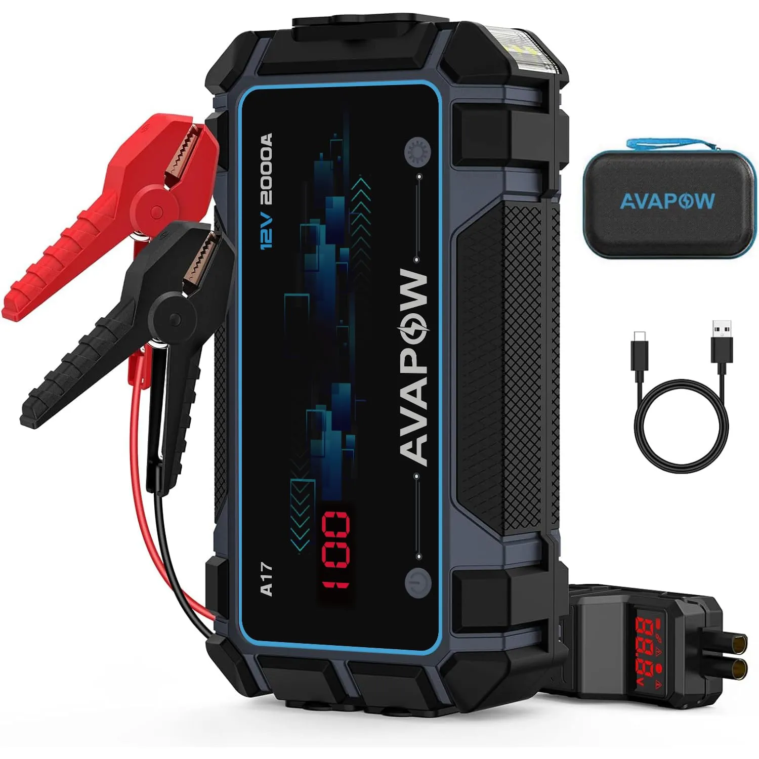 AVAPOW Car Jump Starter 2000A Peak Battery Jumper Starter Portable Jump Boxes for Vehicles(12V 8L Gas/6.5L Diesel Engine) Car Battery Jump Starter Battery Pack with Jumper Cable, LED Light/USB QC3.0