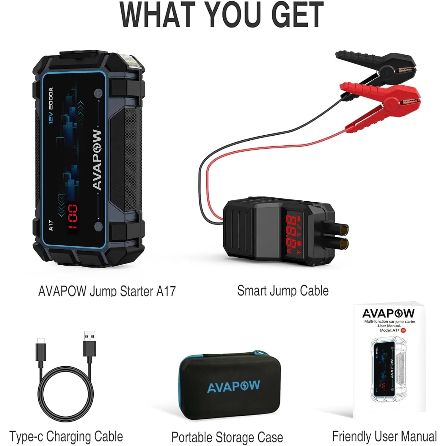 AVAPOW Car Jump Starter 2000A Peak Battery Jumper Starter Portable Jump Boxes for Vehicles(12V 8L Gas/6.5L Diesel Engine) Car Battery Jump Starter Battery Pack with Jumper Cable, LED Light/USB QC3.0