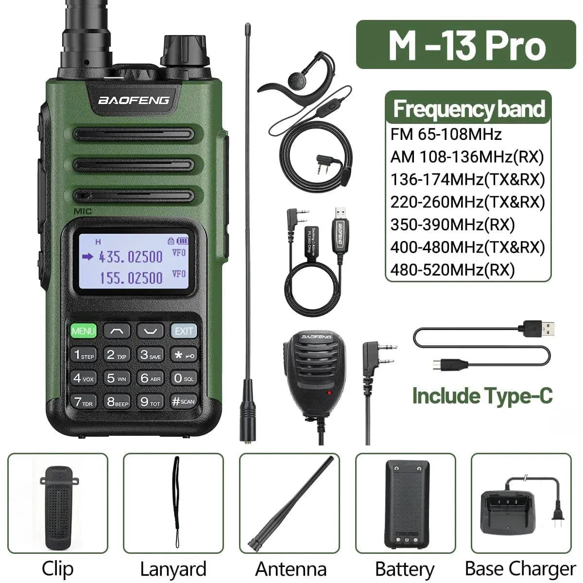 BaoFeng M-13 Pro Air Band Walkie Talkie Wireless Copy Frequency AM Type-C Full Band Long Range High Power UV5R Ham Two Way Radio