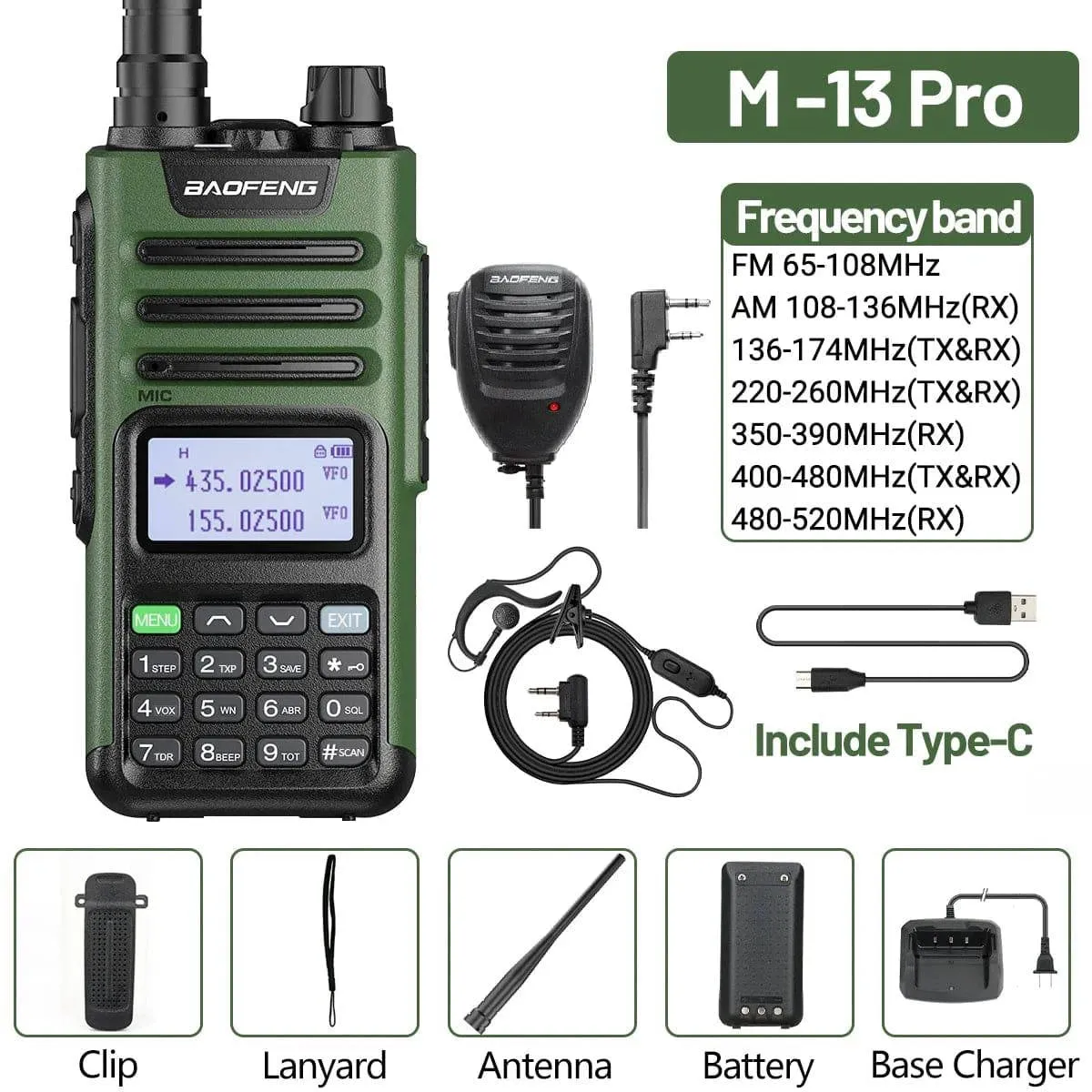 BaoFeng M-13 Pro Air Band Walkie Talkie Wireless Copy Frequency AM Type-C Full Band Long Range High Power UV5R Ham Two Way Radio