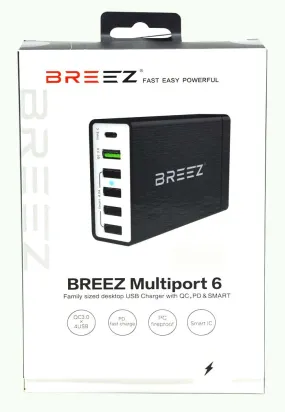 BREEZ - Multiport Desktop 6 Usb Charger (Black)