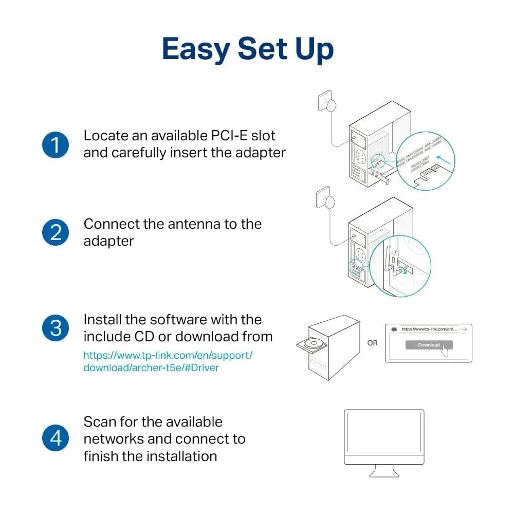 [CLEARANCE] TP-Link Archer T5E AC1200 Dual Band Wireless Bluetooth 4.2 PCIe Adapter with 867Mbps at 5GHz, 300Mbps at 2.4GHz, High Gain External Antennas, Standard & Low-Profile Bracket, WPA/WPA2 Encryption for Windows 11/10/8.1/8/7