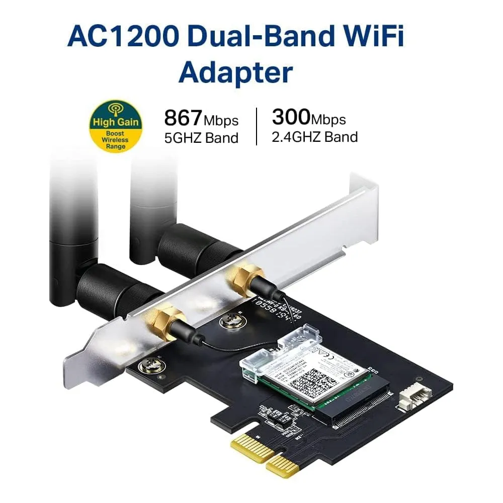 [CLEARANCE] TP-Link Archer T5E AC1200 Dual Band Wireless Bluetooth 4.2 PCIe Adapter with 867Mbps at 5GHz, 300Mbps at 2.4GHz, High Gain External Antennas, Standard & Low-Profile Bracket, WPA/WPA2 Encryption for Windows 11/10/8.1/8/7