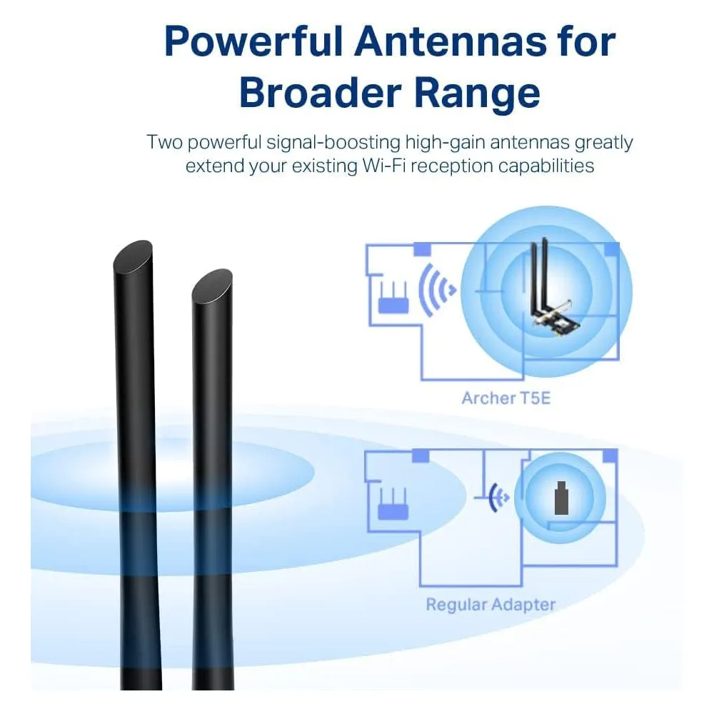 [CLEARANCE] TP-Link Archer T5E AC1200 Dual Band Wireless Bluetooth 4.2 PCIe Adapter with 867Mbps at 5GHz, 300Mbps at 2.4GHz, High Gain External Antennas, Standard & Low-Profile Bracket, WPA/WPA2 Encryption for Windows 11/10/8.1/8/7