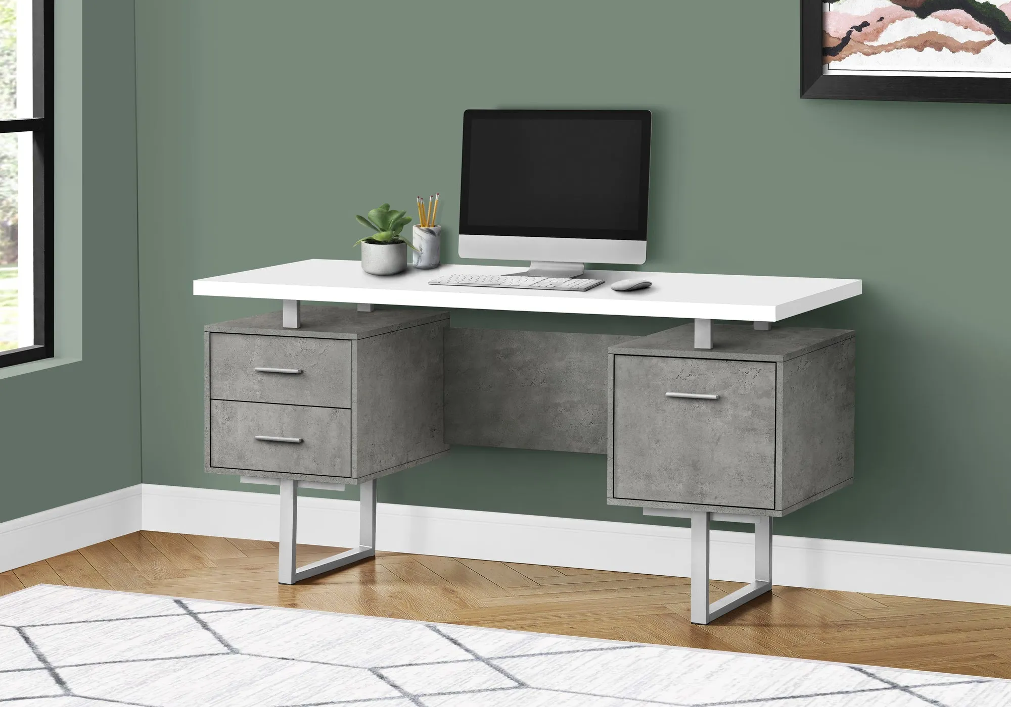 Computer Desk - 60"L / White/ Grey Concrete/ Silver Metal