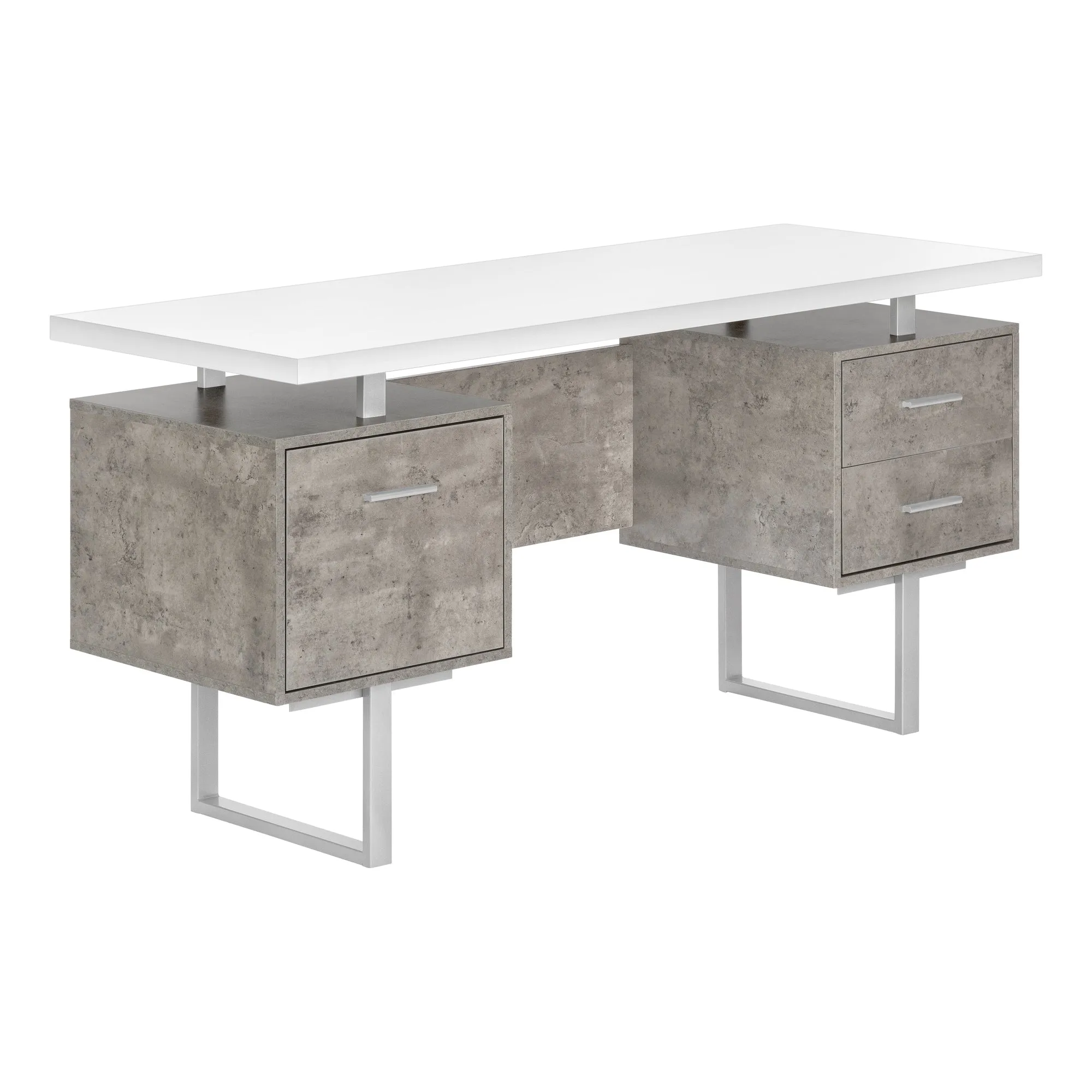 Computer Desk - 60"L / White/ Grey Concrete/ Silver Metal