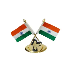 Double Indian Flags Crossed with India Map Logo Made with Brass with Khadi Fabric for Car Dashboard, Gifts, Home, Office