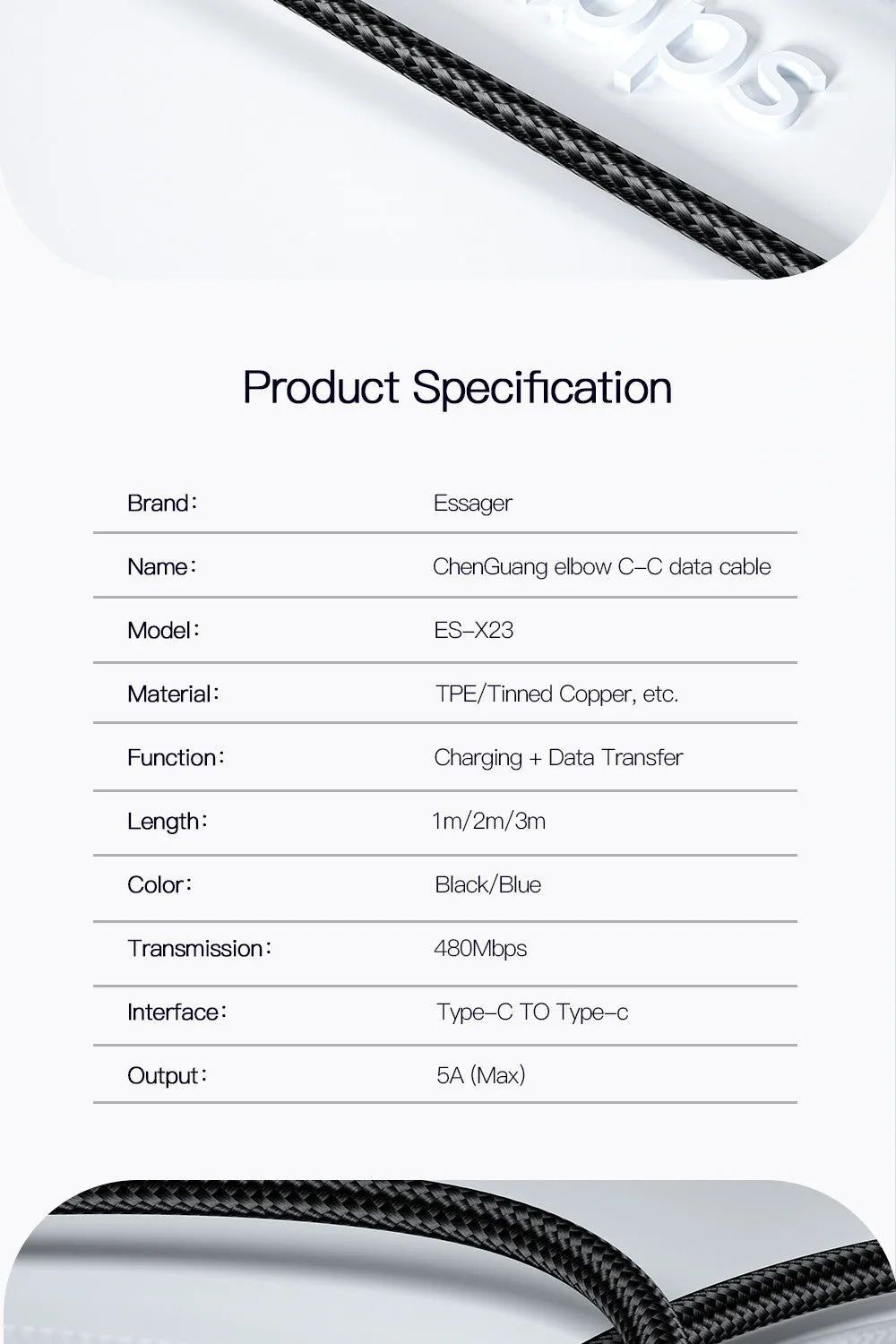 Essager 100W 7A Type C To USB 2 Meters