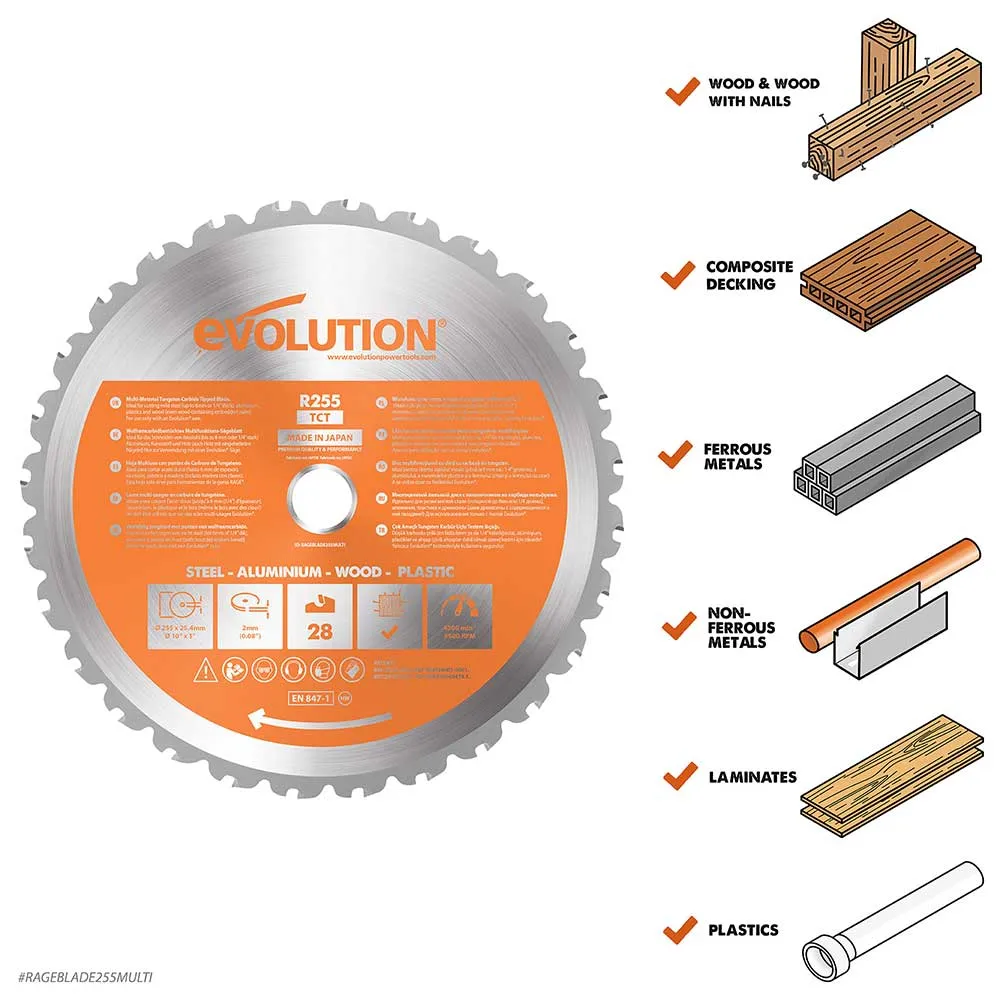 Evolution Cordless R255SMS-DB-Li  Double Bevel Mitre Saw & XL Stand