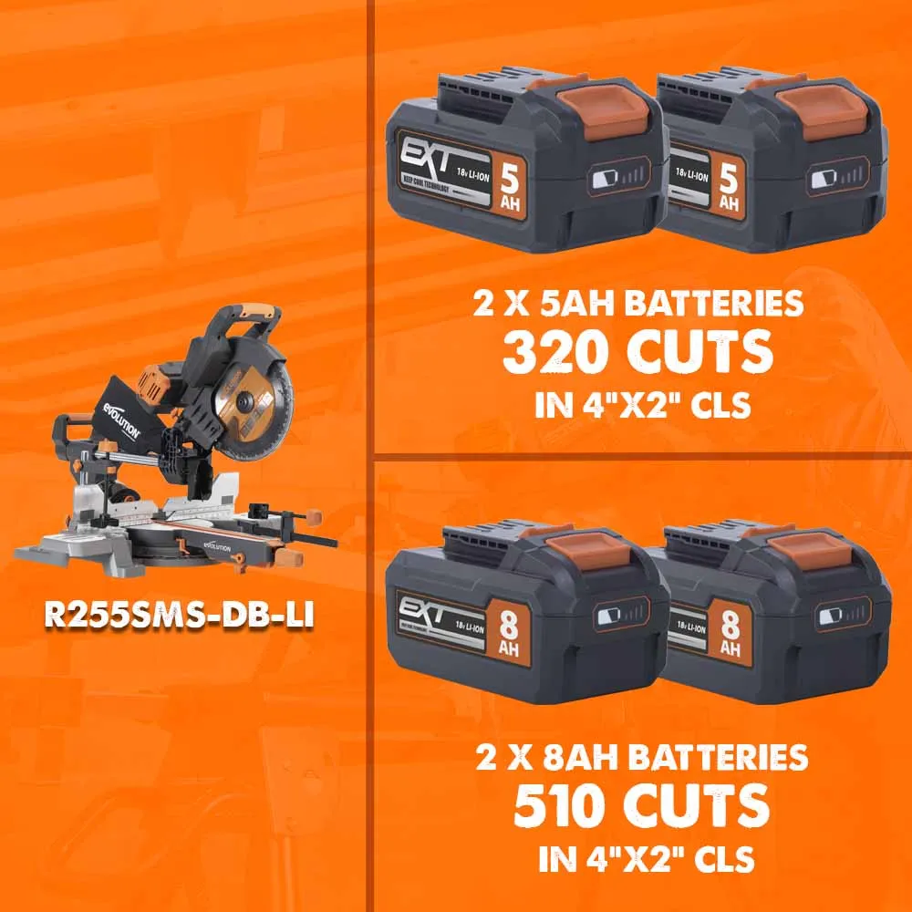 Evolution Cordless R255SMS-DB-Li  Double Bevel Mitre Saw & XL Stand