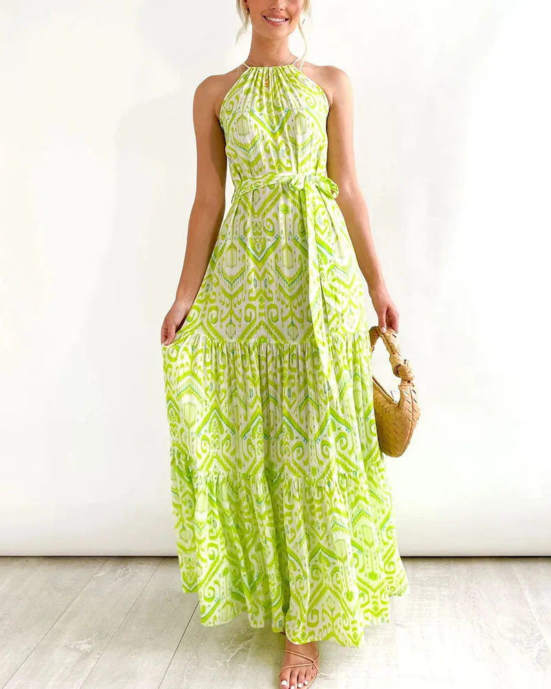 Fashion Print Halter Neck Tie Swing Dress