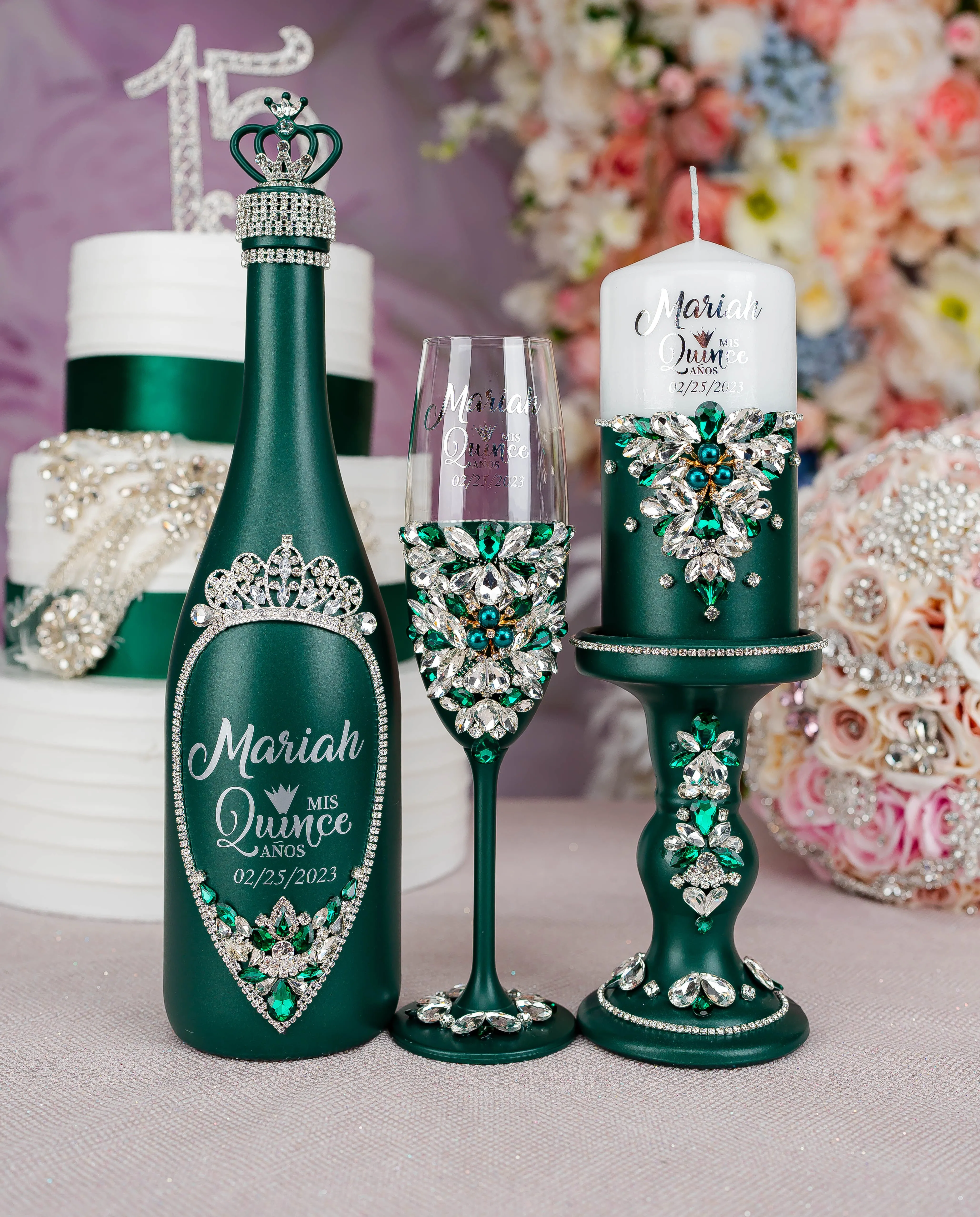 Green with Silver quinceanera brindis package with candle