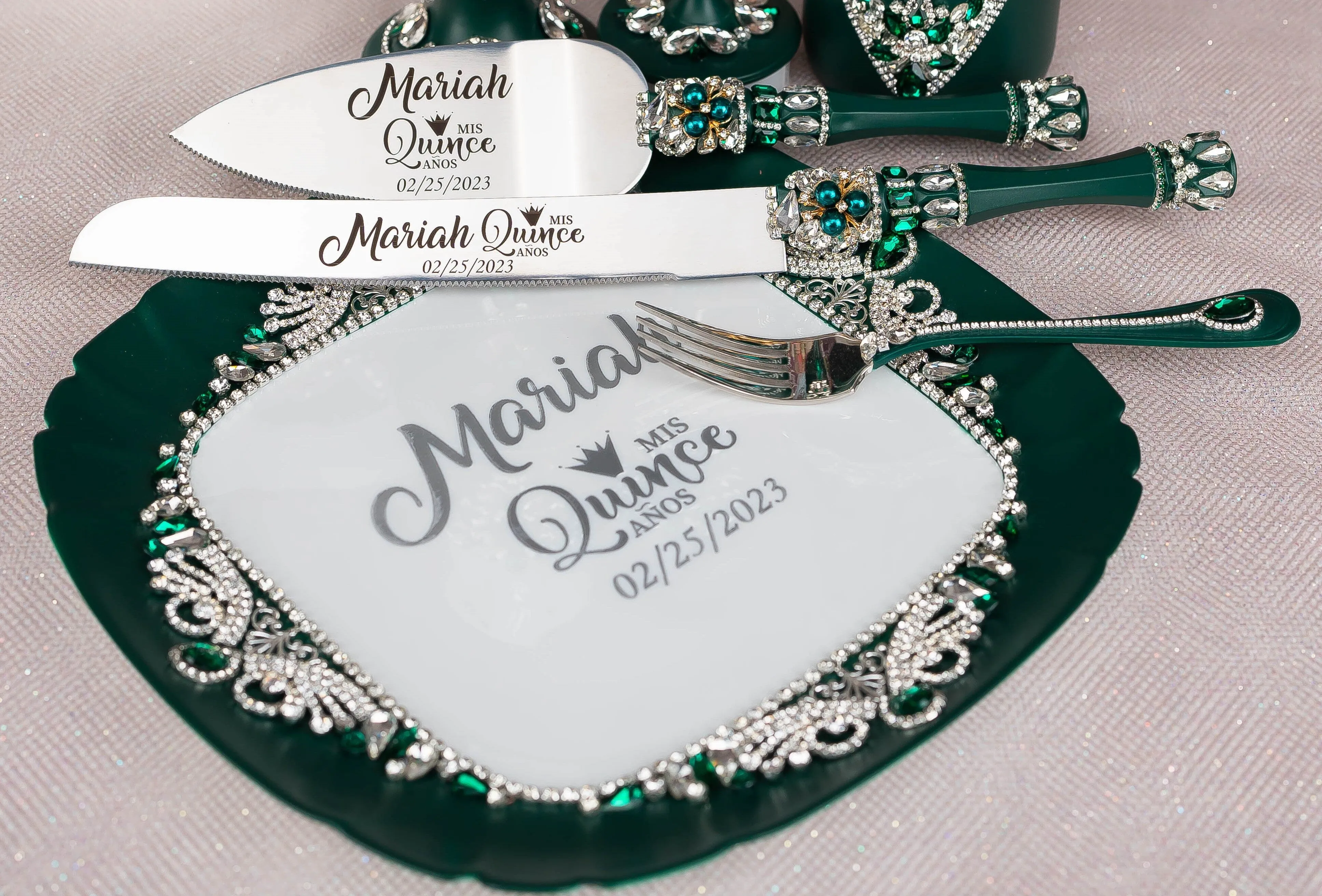 Green with Silver quinceanera brindis package with candle