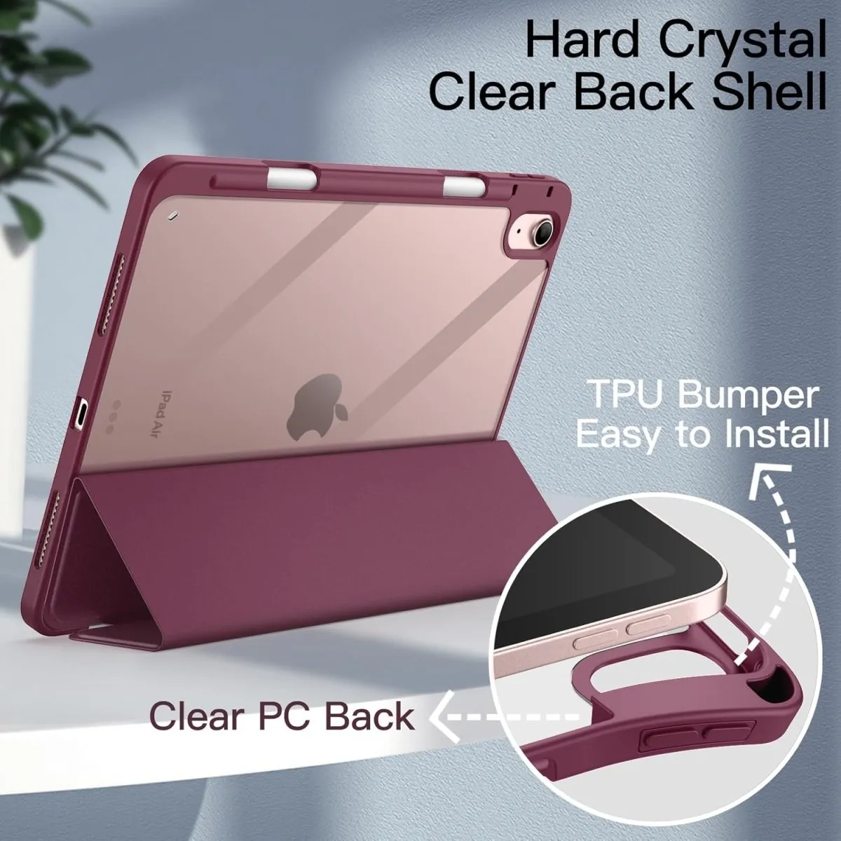 Hybrid Slim Case for iPad Air 11-inch M2 (2024), iPad Air 5th Generation (2022) / iPad Air 4th Gen (2020) 10.9 Inch -Shockproof Cover with Clear Back Shell & Pencil Holder.