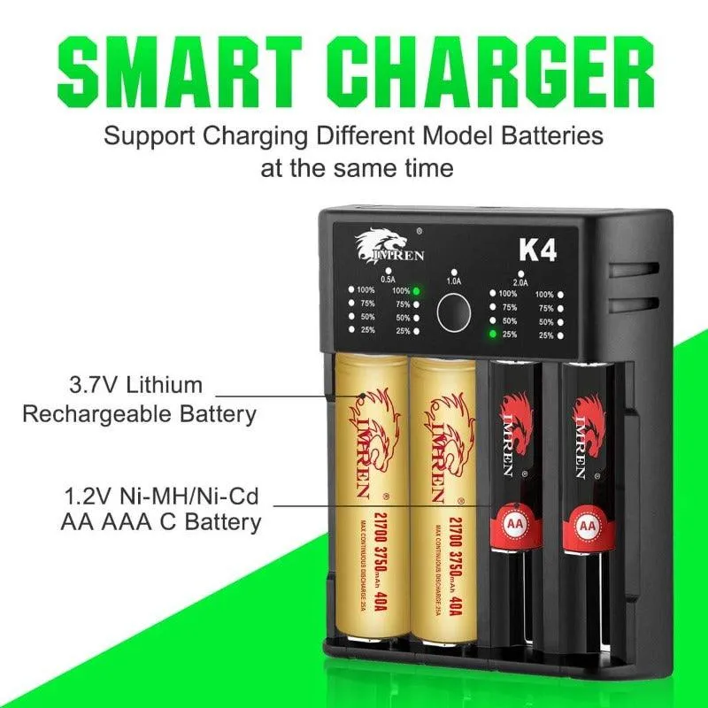 IMREN K4 4-Slot Universal Rechargeable Li-ion Battery Charger with USB Port