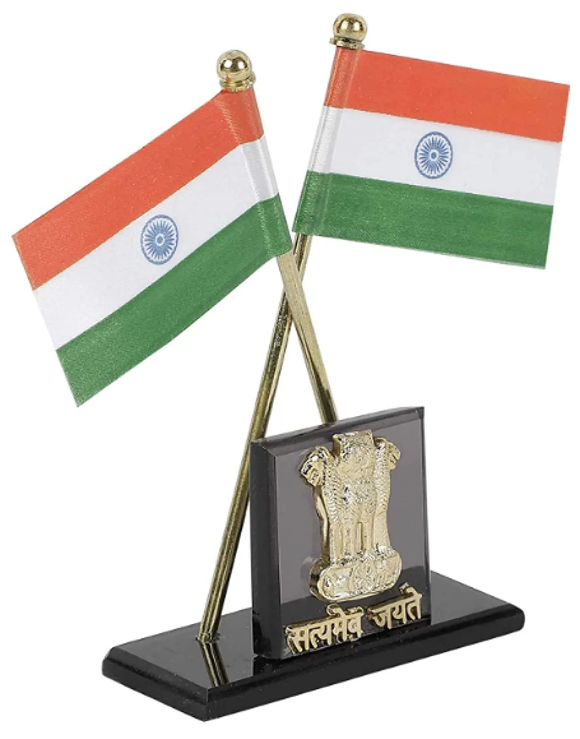 Indian Flag Cross Pair with National Emblem For Office Desk, Table & Room Universal Showpiece Car Dashboard Decoration