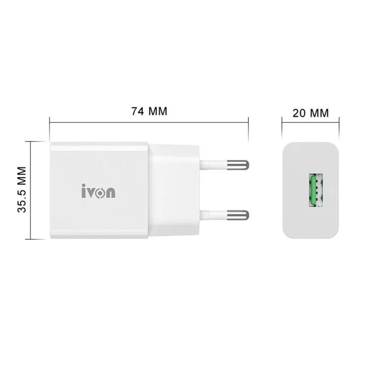 IVON AD-35 2-in-1 18W Quick Charge 3.0 USB Travel Charger with 1m USB to USB-C Data Cable Set