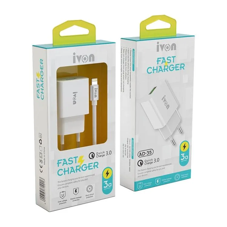 IVON AD-35 2-in-1 18W Quick Charge 3.0 USB Travel Charger with 1m USB to USB-C Data Cable Set