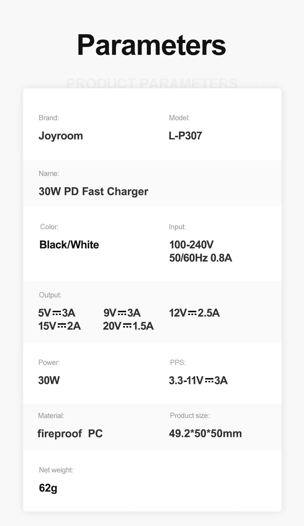 Joyroom L-P307 | 30W PD Fast Charger | Single Port (Type-C)